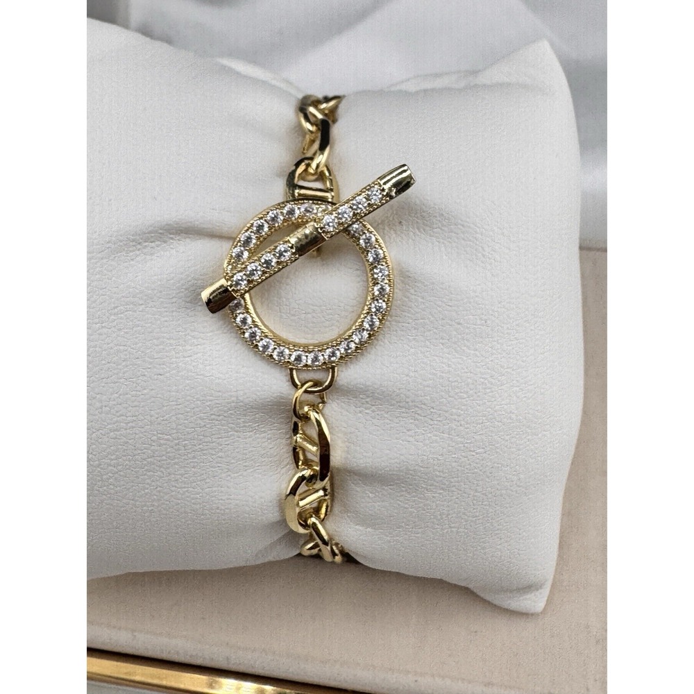 Gold Plated 14k  Chain Bracelet Toggle Closure Clear Round Crystal Pavé - Picture 2 of 3